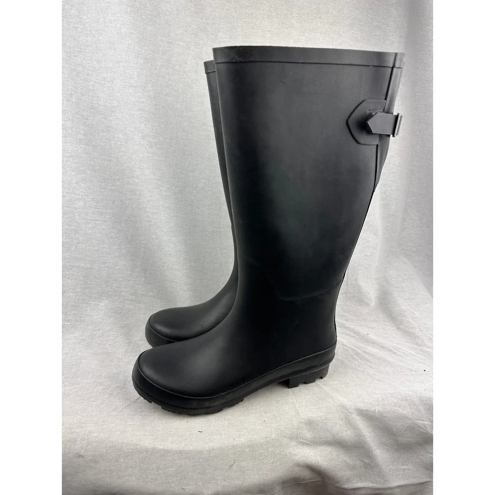 A New Day Women Black Rubber Rain Boots Matte Tall Waterproof Side Buckle Size 7